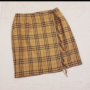Sag Harbor Tan Plaid Faux Wrap Fringe Skirt
